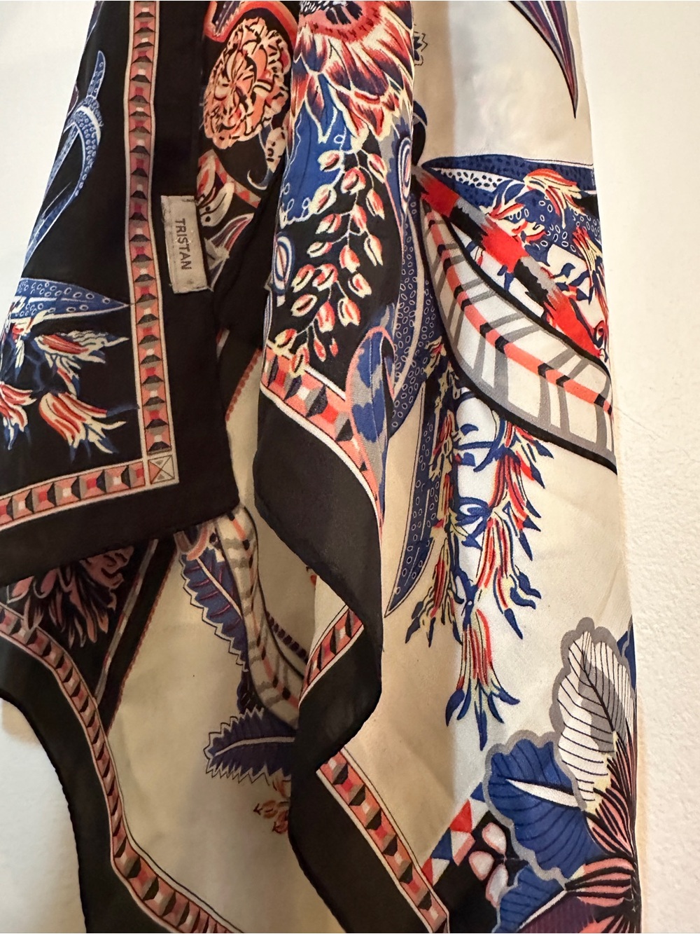Tristan Floral-Print Silk feel Scarf in Ivory, Black & Blue
